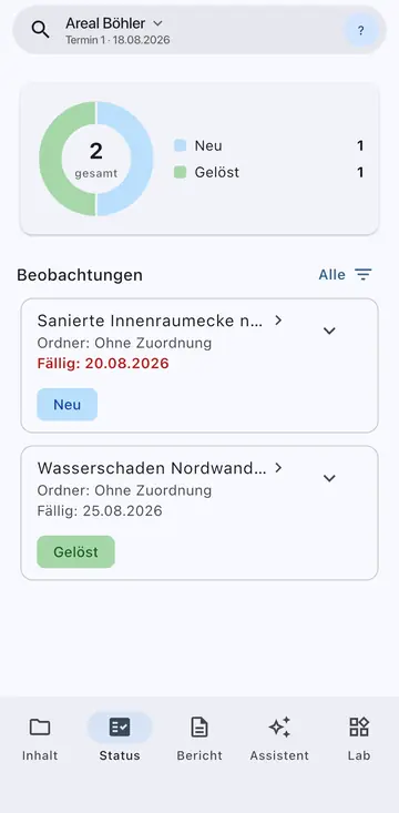 ImmIQ-App: Statusauswertung mit Kreisdiagramm Neu und Gelöst, darunter Beobachtungen mit Status und rot markierter überfälliger Frist