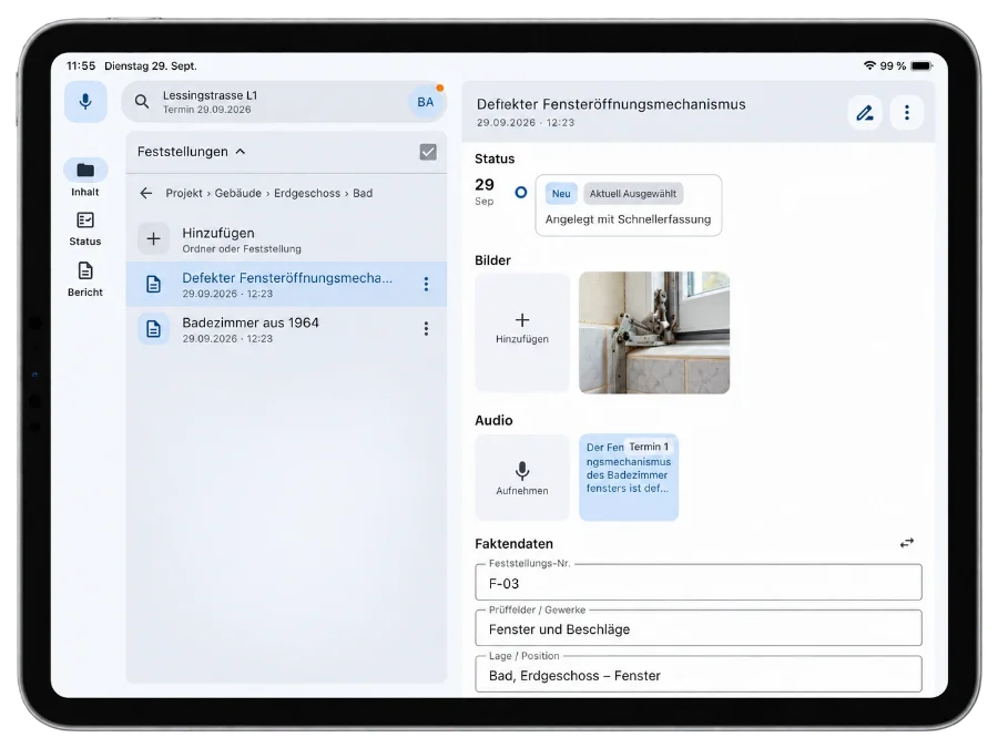 ImmIQ auf dem Tablet: Feststellung mit Foto, Sprachaufnahme und Faktendaten.