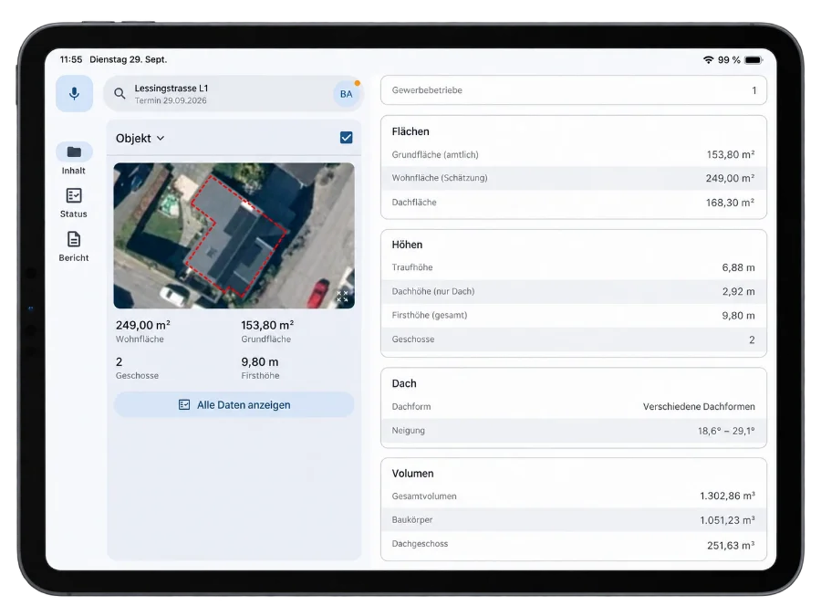 ImmIQ auf dem Tablet: Objektdaten zu einer Adresse mit Luftbild, Flächen, Höhen, Dach und Volumen.